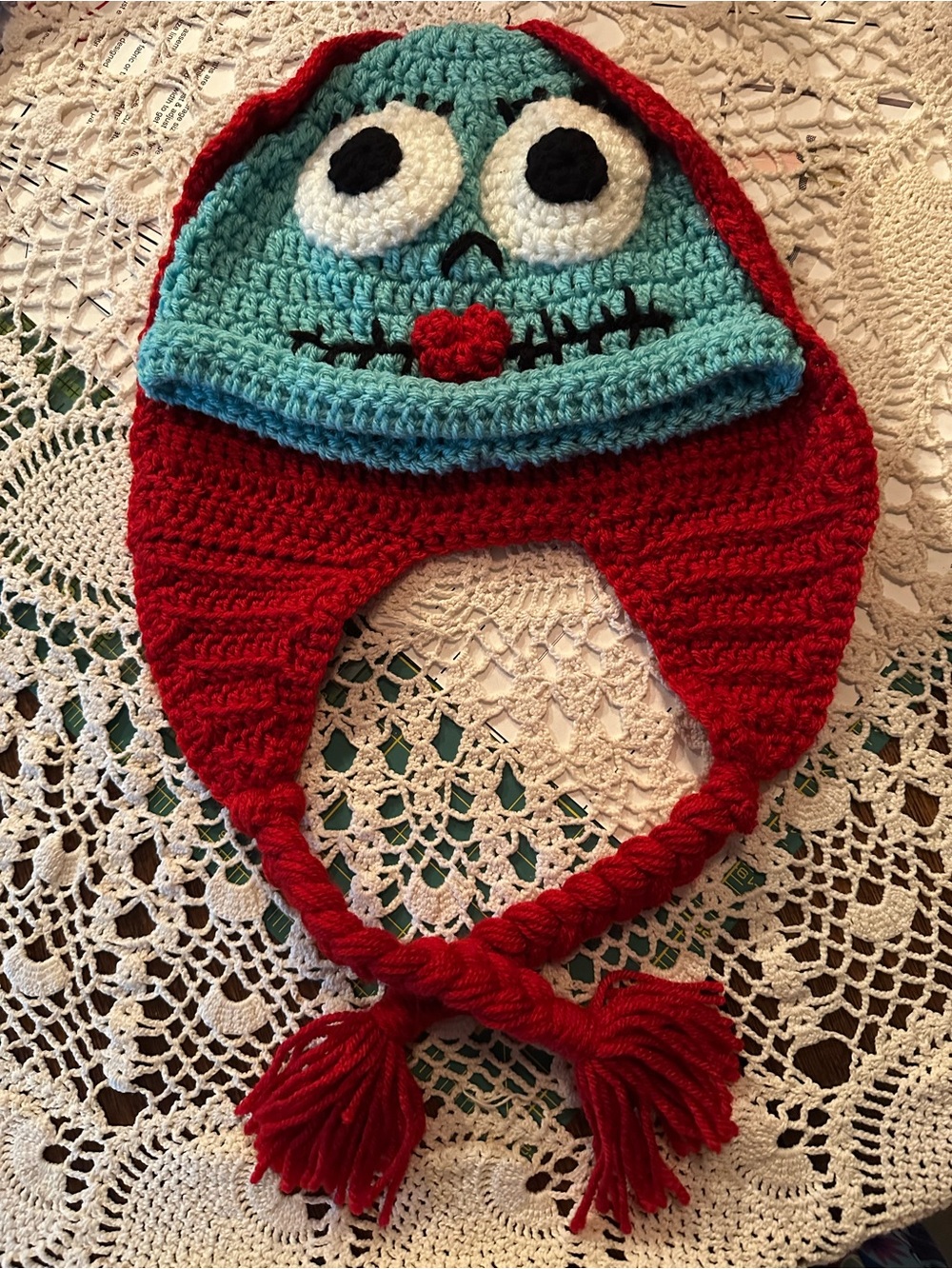 Handmade Crochet Character Earflap Hat - Teal & Red